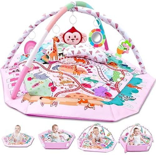 Baby Gym Play Mat, 8-in-1 Tummy Time Mat & Activity Gym, Washable Ball Pit, Infant Play Mat with Detachable Toys for Sensory Exploration and Motor Skill Development