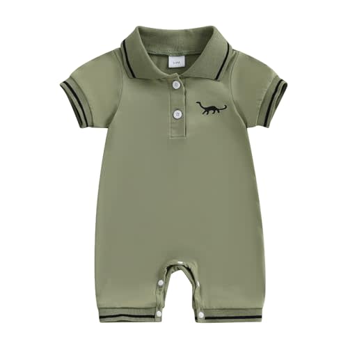 Honganda Baby Boy Dinosaur Romper Summer Short Sleeve Cute Dino Print Polo Onesie Solid Color Jumpsuit for Boy 0-18 Months