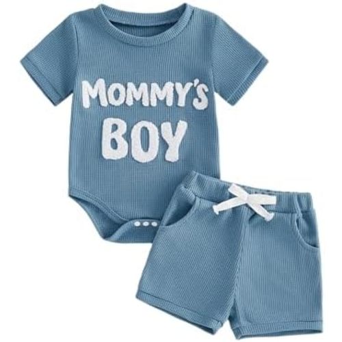 Douhoow Baby Boy Summer Outfits Short Sleeve Mamas Boy Embroidery Baby Waffle Romper Shorts Set Infant Festival Clothes
