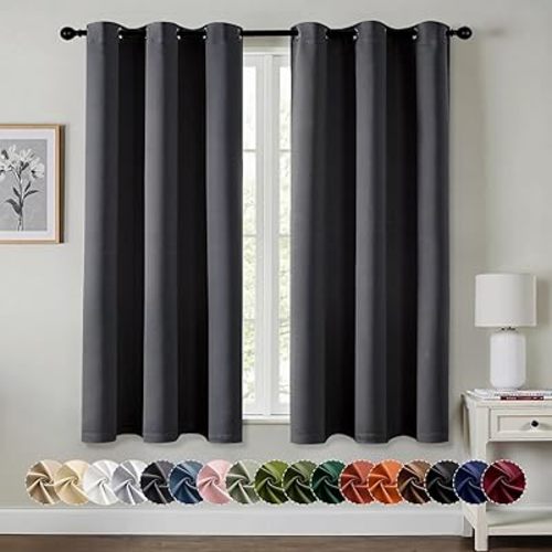 MIULEE Grey Blackout Curtains for Bedroom Living Room 63 Inches Long 2 Panels, Thermal Insulated Room Darkening Drapes Solid Grommet Noise Reduction Light Blocking Window Treatments 34x63 Inch