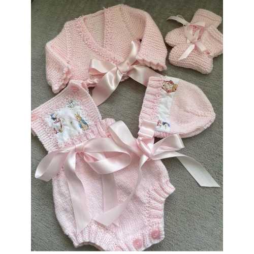 Hand Knitted Peter Rabbit Baby Romper Set, Bonnet, Bootees (Hospital Outfit)