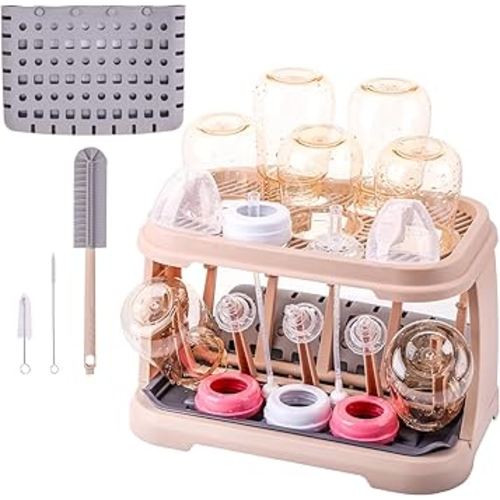 Baby Bottle Drying Rack:Space Saving Standing Drying Rack for Baby Bottles and Pump Part Cleaning,be Equipped with Bottle Brush（Pink Lotus Root）