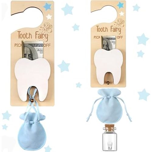 3 Pcs Tooth Fairy Tooth Holder Bag Tooth Fairy Door Hanger with Money Slot Keepsake Bottle Velvet Pouch Tooth Fairy Box Encourage Gift for Lost Teeth Boy Girl Milk Teeth(Blue)