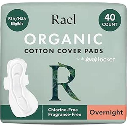 Rael Pads for Women, Organic Cotton Cover - Period Pads with Wings, Feminine Care, Sanitary Napkins, Heavy Absorbency, Unscented, Ultra Thin (Overnight, 40 Count)