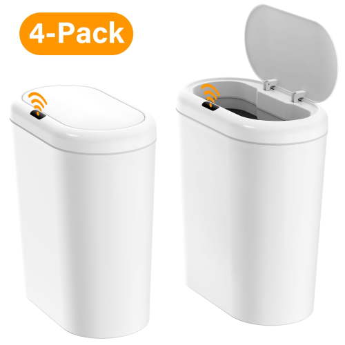 Automatic Sensor Trash Can with Lid: 3.3 Gal Slimline Waterproof Touchless Waste Bin for Bathroom, Bedroom, Kitchen, Office, 4 Pack, White