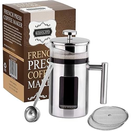 34 Ounce French Press Coffee Maker with Stainless Steel 18/8 frame, 1 Litre Heat Resistant Borosilicate Glass Carafe includes 2 extra French Press Filters and 1 Coffee Spoon