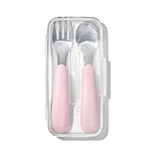 OXO Tot 2pc On the Go Fork and Spoon Stainless Steel Baby Utensil Set - Blossom