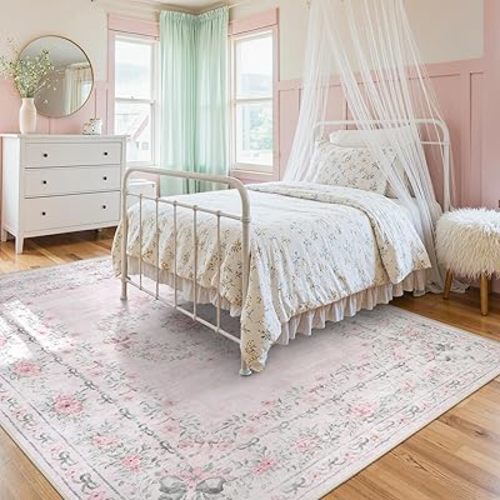 Wonnitar Floral Bow Rug for Girls Bedroom, Pink Area Rug 6x9 for Room Decor, Washable Ultra-Thin Non Slip Soft Boho Aesthetic Carpet for Baby Nursery Kids Room Living Room, Light Pink