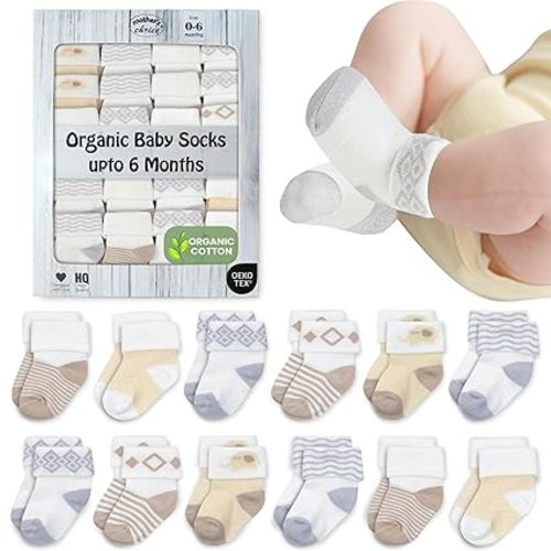 Organic Cotton Baby Socks Infant 0-6 Months - 12 pairs Soft, Cozy, and Gentle Newborn Socks for Girls & Boys, Perfect Baby Gift for Everyday Wear, and Infant Comfort