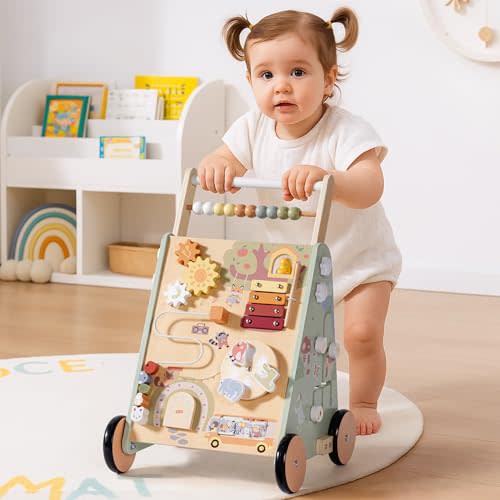 ROBOTIME Baby Walking Toy, Adjustable Speed & Height Wooden Baby Walker Push Toy, Montessori Toddler Push Toy with Brake, Storage & Multi-Activity Play Center for 10M+ Kids (Forest Fairy Tale)
