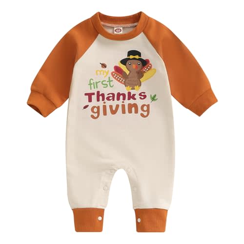 FYBITBO My First Thanksgiving Baby Boy Girl Outfit Little Turkey Jumpsuit Romper Onesie Newborn Thanksgiving Clothes