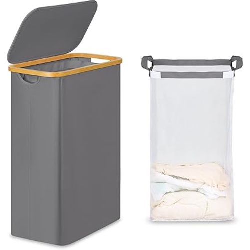 efluky Slim Laundry Basket with Lid, Narrow Laundry Hamper with Removable Bag, Skinny Dirty Clothes Basket with Bamboo Handles for Bathroom, Bedroom & Laundry Room, 65L Grey
