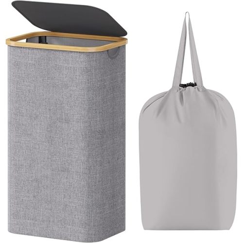 Lifewit Large Laundry Basket with Lid, Collapsible Laundry Hamper with Removable Bag, Tall Clothes Storage Laundry Bin with Bamboo Handles for Bedroom, Bathroom, Room, Light Grey, 100L