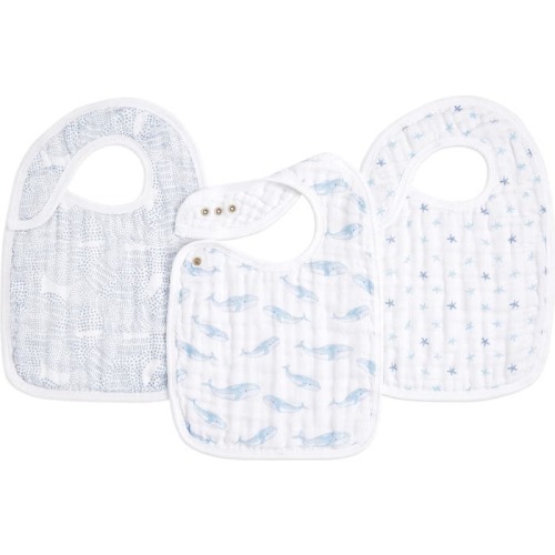 aden + anais 3-Pack Classic Organic Cotton Muslin Snap Bibs, Oceanic Blue