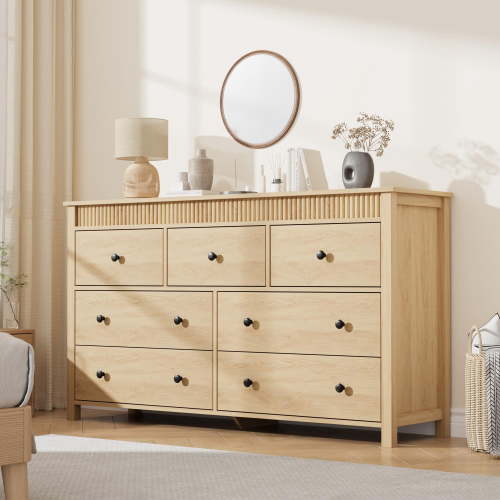 Panapinka 7 Drawer Dresser for Bedroom, Natural Oak Wooden Chest of Drawers with Fluted Shape Front, 54" Wide Storage Organizer Cabinet for Living Room, Entryway