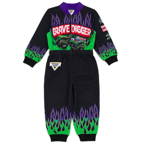 Monster Jam Toddler Boys' Zip-Up Coverall Black Grave Digger