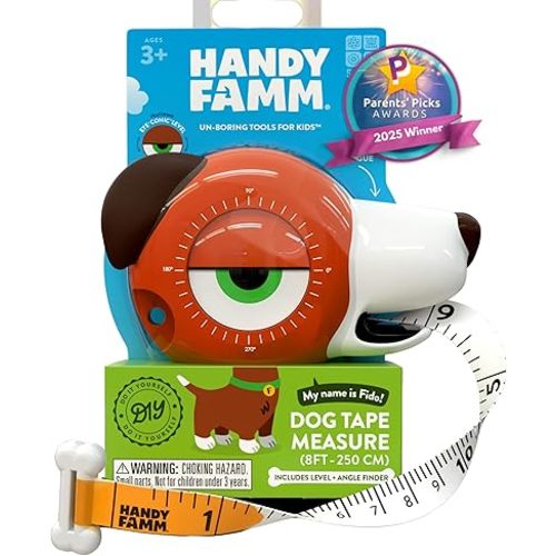 Handy Famm Fido The Dog 4-in-1 Kids Measuring Tape with Adjustable Level Eye, Angle Finder & Eraser Ears – Montessori STEM Educational Toy, Real Tape-Measure for Children Ages 3+