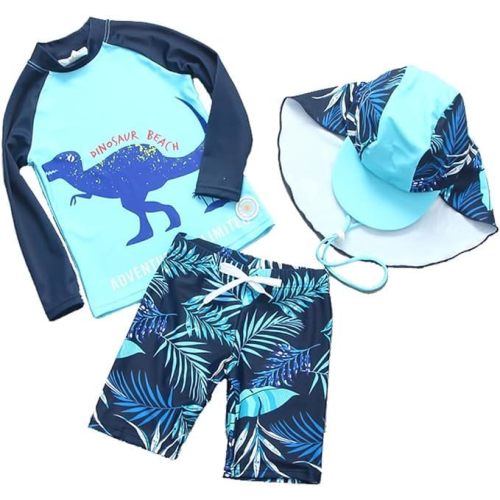 Baby Toddler Boys Two Pieces Swimsuit Set Swimwear Dinosaur Bathing Suit Rash Guards with Hat UPF 50+