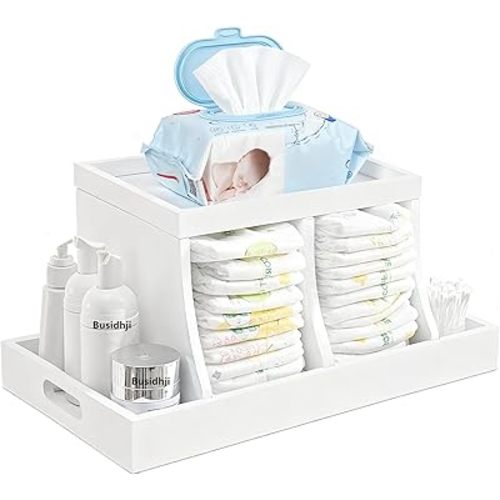 Wooden Diaper Caddy Organizer with 2 Compartments and Removable Tray, Changing Table Organizer (White)