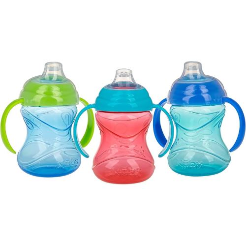 Nuby Clik-It Grip N' Sip Soft Spout No-Spill Training Sippy Cup with Handles - (3-Pack) 10 oz - 4+ Months - Blue/Green/Red