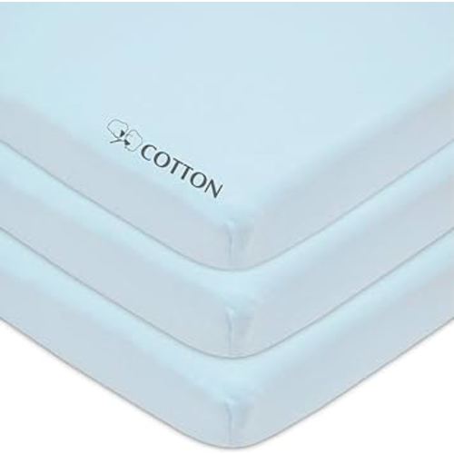 American Baby Company 3 Pack 100% Natural Cotton Fitted Mini Crib Sheets 38" x 24" - Soft & Breathable Small Nesting Portable Sheets, Fits Pack N Play Mattresses, Blue, for Boys & Girls