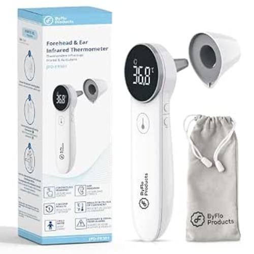 ByFloProducts, Ear and Forehead Thermometer, Thermometer Adult and Baby, Forehead Digital Thermometer, Infrared Touchless Thermometer, Temperature Memory and Fever Alarm, Easy to Use, Proudly Canadian