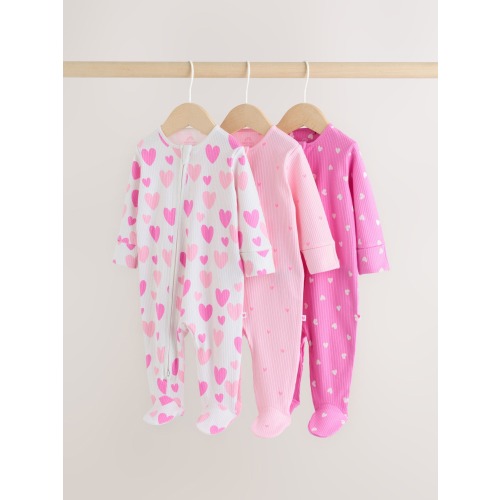 Pink 3 Pack Two Way Zip Baby Sleepsuits (0-2yrs)