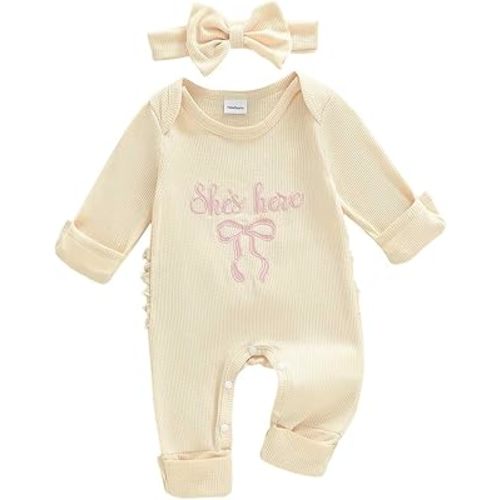 FIOMVA Im New Here Newborn Outfit Girl Long Sleeve Letter Romper Ribbed Knit Jumpsuit Baby Girl Preemie Coming Home Outfit