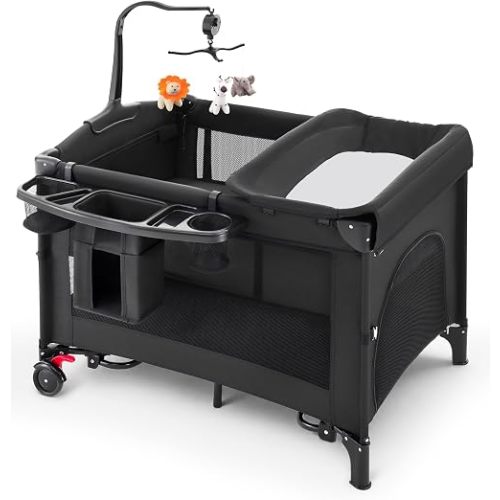 HARPPA Pack and Play 6 in 1 Portable Baby Playard with Changing Table, Black