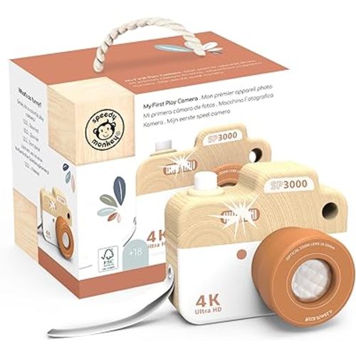 SPEEDY MONKEY My First Wooden Camera Toddler Toy with Kaleidoscope Lens, FSC Wood Pretend Play Camera for Kids – Early-Learning Photographed Props for Imaginative Play for Boys and Girls