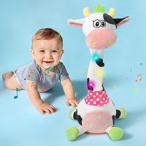 Cute Easter Dancing Cow Plush Toy with Wiggling Neck | LED Lights | Voice Record & Repeat | 10 Children’s Songs | Safe Toy for Boys Girls Age 1-3 | Easter Gifts for Toddlers