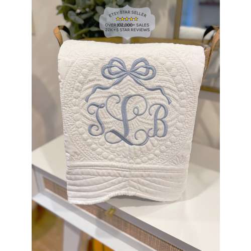 Personalized Embroidered Baby Blanket, Custom Cotton Heirloom Quilt Coquette Monogram Bow