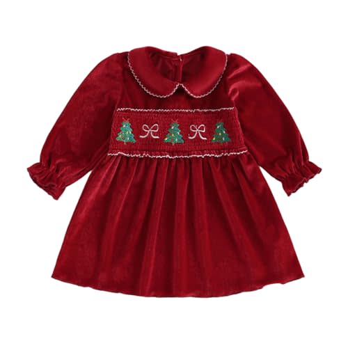 Engofs Toddler Baby Girl Christmas Outfit Velvet Dress Long Sleeve Christmas Tree Embroidery Print Party Dresses