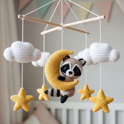 Personalized Crochet Baby Mobile, Nursery Decor, Woodland Raccoon Amigurumi Crochet Mobile, Baby Shower Gift, Woodland Crib Mobile