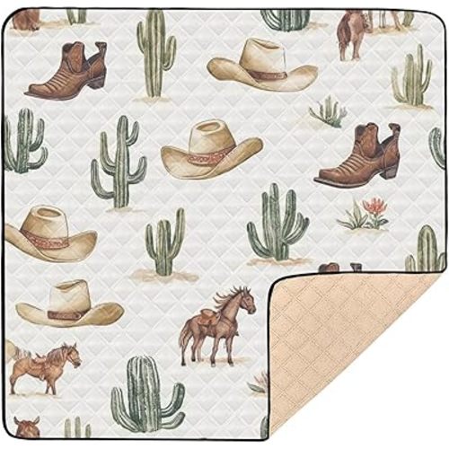 Baby Play Mat Western Cowboy Horse Cactus Shoes 50" X 50" Play Gym Crawling Mat Soft Non-Slip Portable Picnic Floor Mat for Infant, Babies, Toddler, Kids