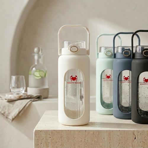 64 oz Glass Water Bottle with Straw, Leakproof Silicone Sleeve, Time Markers