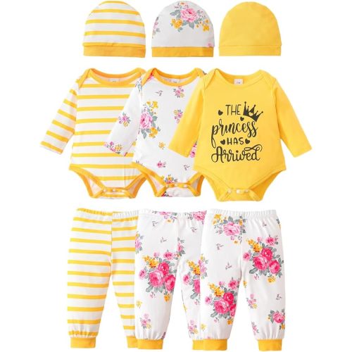 3-Pack Baby Girl Clothes Newborn Infant Romper Bodysuits Pants Hats Layette Set Shower Gifts 0-18 Months
