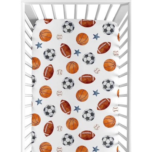Sweet Jojo Designs Fitted Baby Crib Sheets (Vintage Sports Theme) for Boys, Infant Nursery, Toddler Room - Standard Size (Watercolor, Sport Themed, Soccer Balls, Football, Baseball, Basketball, Stars)