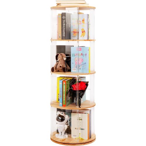 TAKEKIT 360° Rotating Bookshelf, 4-Tier Spinning Book Shelf Tower with Solid Wood & Clear Acrylic, Round Revolving Bookcase for Living Room, Bedroom and Office