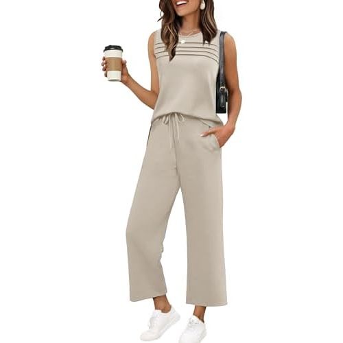 WIHOLL Two Piece Sets for Women Summer Outfits Matching Lounge Sets Wide Leg Crop Pants Vacation Travel