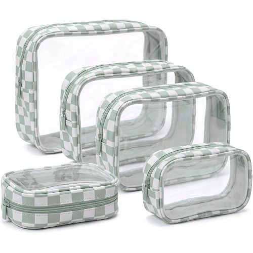 5PCS Diaper Bag Organizer Pouches Set,TSA Approved Toiletry Bag,Waterproof TPU Checkered Makeup Bag Set,Clear Travel Organizer Bags for Kids and Women,Checkered Green