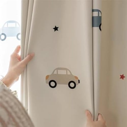 2 Panels Cute Cars Pattern Curtains for Kid's Bedroom Room Darkening Kids Curtains for Living Room Grommet Top Privacy Curtains for Nursery Room (Beige,W42 x L63 inches)