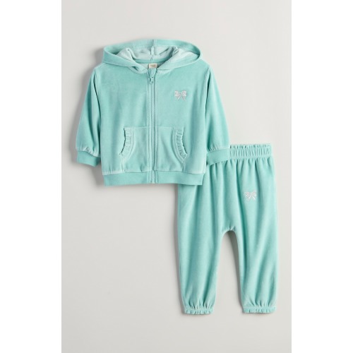 Bow Embroidered Velour Full Zip Hoodie & Joggers Set