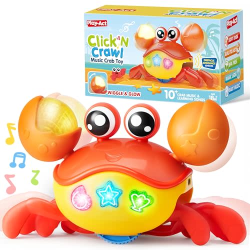 Play-Act JOVA Crawling Crab Baby Toy, Interactive Musical Crab with Intelligent Sensor & Auto-Avoiding Obstacles, Tummy Time Toy with Lights and Buttons, Gift for Toddlers Learning to Crawl