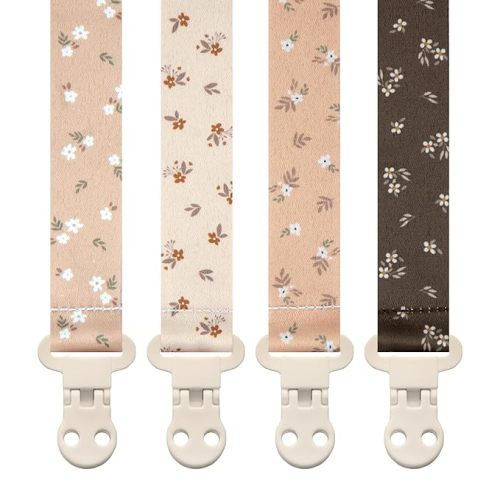 Stadela Baby Pacifier Clip Holder - Girl 4 Pack Gift Set – Boho Modern Neutral Flowers Floral (Allysa)