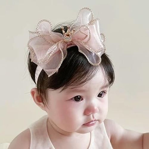 Bethynas Princess Crown Lace Bowknot Headband for Baby Girls Handmade Chiffon Elastic Baby Hairband Birthday Party Crown Hair Accessories for Newborn Infant Toddlers (Style 1 - pink)