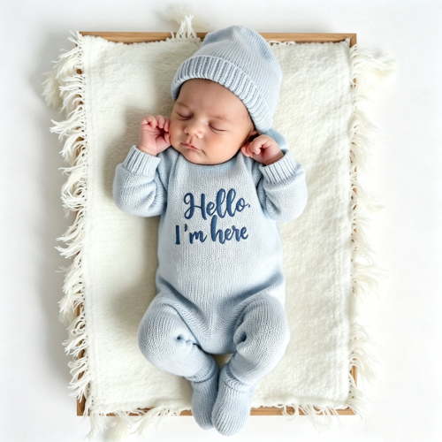 "Hello" Embroidery Knitting Onesie Newborn Birth Announcement Outfits Footed Jumpsuit Baby Boy Girl Photography Props Newborn