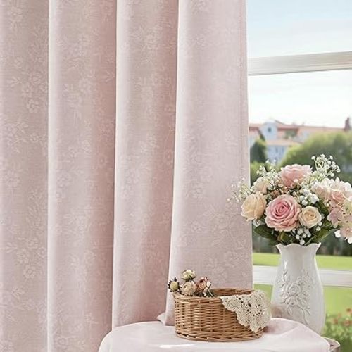Beauoop Pink Floral Jacquard Blackout Curtains 84 Inches Long 2 Panels for Living Room Bedroom Chenille Flower Room Darkening Thermal Insulated Soundproof Grommet Window Drapes, 52x84 Set of 2