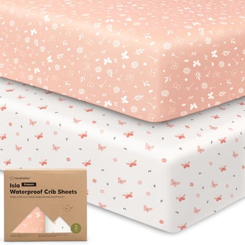 2-Pack Waterproof Baby Crib Sheets for Boys, Girls - 52x28 Viscose Derived from Bamboo Toddler Bed Sheet Neutral, Fitted Crib Mattress Protector Cover for Baby Bedding, Soft & Gentle (Butterflies)