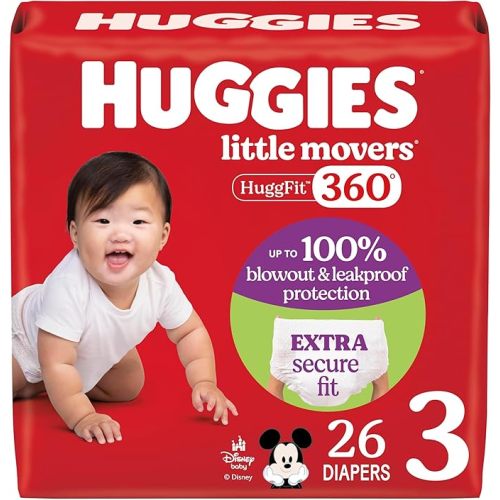 Huggies Size 3 Baby Diapers, Little Movers HuggFit 360° Baby Diapers with 360° Waistband, Size 3 (16-28 lbs), 136 Count, Packaging May Vary